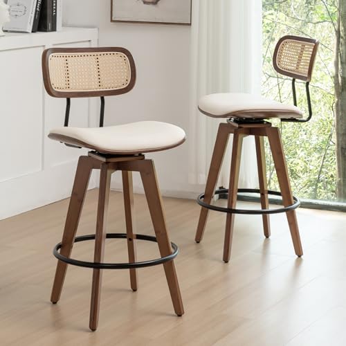 Mid Century Modern Rattan Bar Stools Set of 2 for Kitchen/Dining Room/Bar, Beige PU