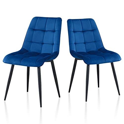 Armless Velvet Dining Chairs Set of 2, Soft Comfy Upholstered Mid-Century Modern Chairs Blue