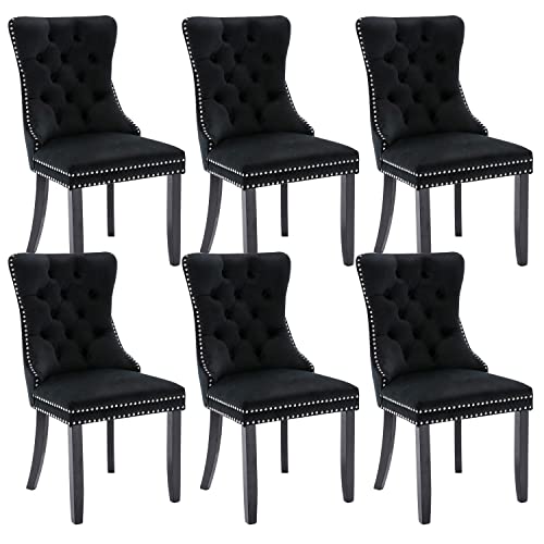 Virabit Tufted Dining Chairs Set of 6, Velvet Upholstered Dining Chairs with Nailhead Back and Ring Pull Trim, Solid Wood Dining Chairs