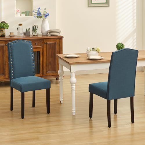 Luxurious Fabric Dining Chairs with Copper Nails and Solid Wood Legs (Teal)