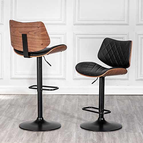 Mid Century Modern Black Leather Bar Stools Set of 2