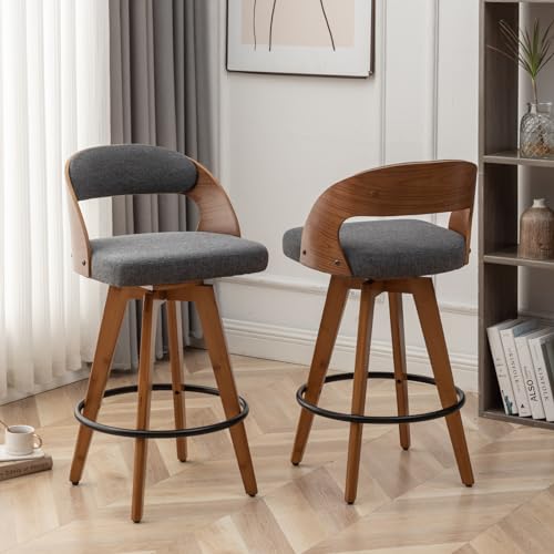 Counter Height Barstools Set of 2 with Swivel, Wood Back, Bamboo Legs - Dark Gray Fabric