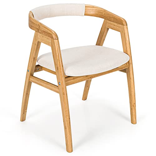 COSTWAY Modern Bamboo Accent Chair with Cushioned Backrest and Upholstered Arms for Living Room, Bedroom, Dining Room, Natural Finish