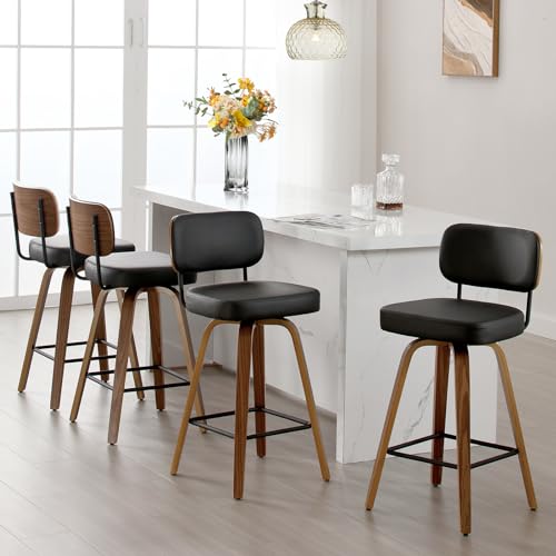 Set of 4 Swivel Counter Height Bar Stools, 26 Upholstered Faux Leather with Back and Wood Legs, Modern Kitchen Island Chairs - Black