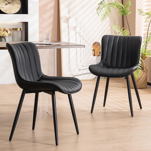 Black Dining Chairs Set of 2 for Modern Kitchen & Dining Room - Upholstered Faux Leather Chairs with Metal Legs