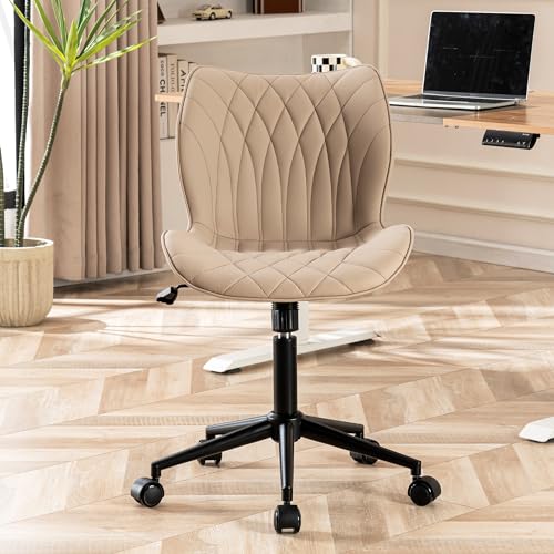  Office Desk Chair, Small Comfortable Desk Chair with Wheels, Armless PU Leather Chair for Home Office, Khaki
