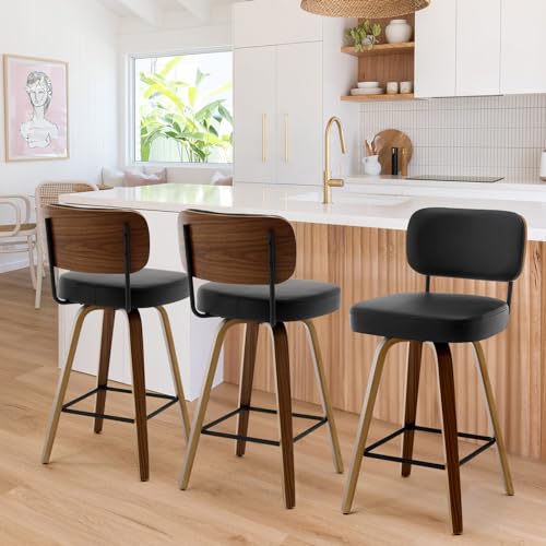 Set of 3 Swivel 26 Faux Leather Bar Stools with Back, Mid Century Modern Design, Black