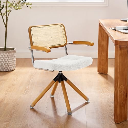 Mid Century Modern Rattan Desk Chair - Upholstered Swivel Accent Chair for Home Office & Living Room, Off White