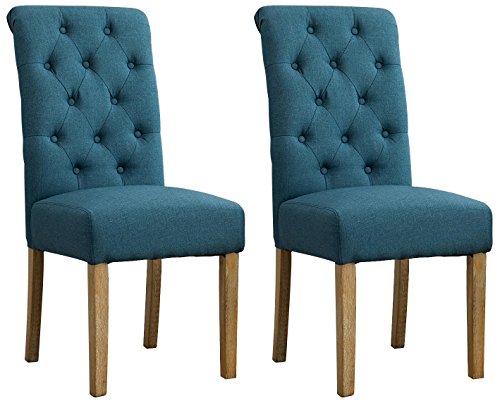 Roundhill Furniture Solid Wood Tufted Parsons Dining Chairs (2-Set), Blue