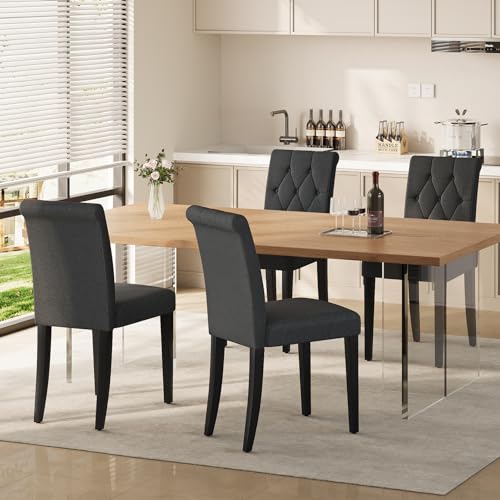 Set of 4 Button-Tufted Upholstered Dining Chairs with Solid Wood Legs - Modern Fabric for Dining Room, Kitchen, Restaurant, Hotel - Black